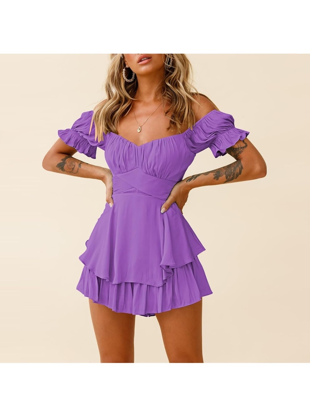 Off-Shoulder Tiered Purple Mini Dress